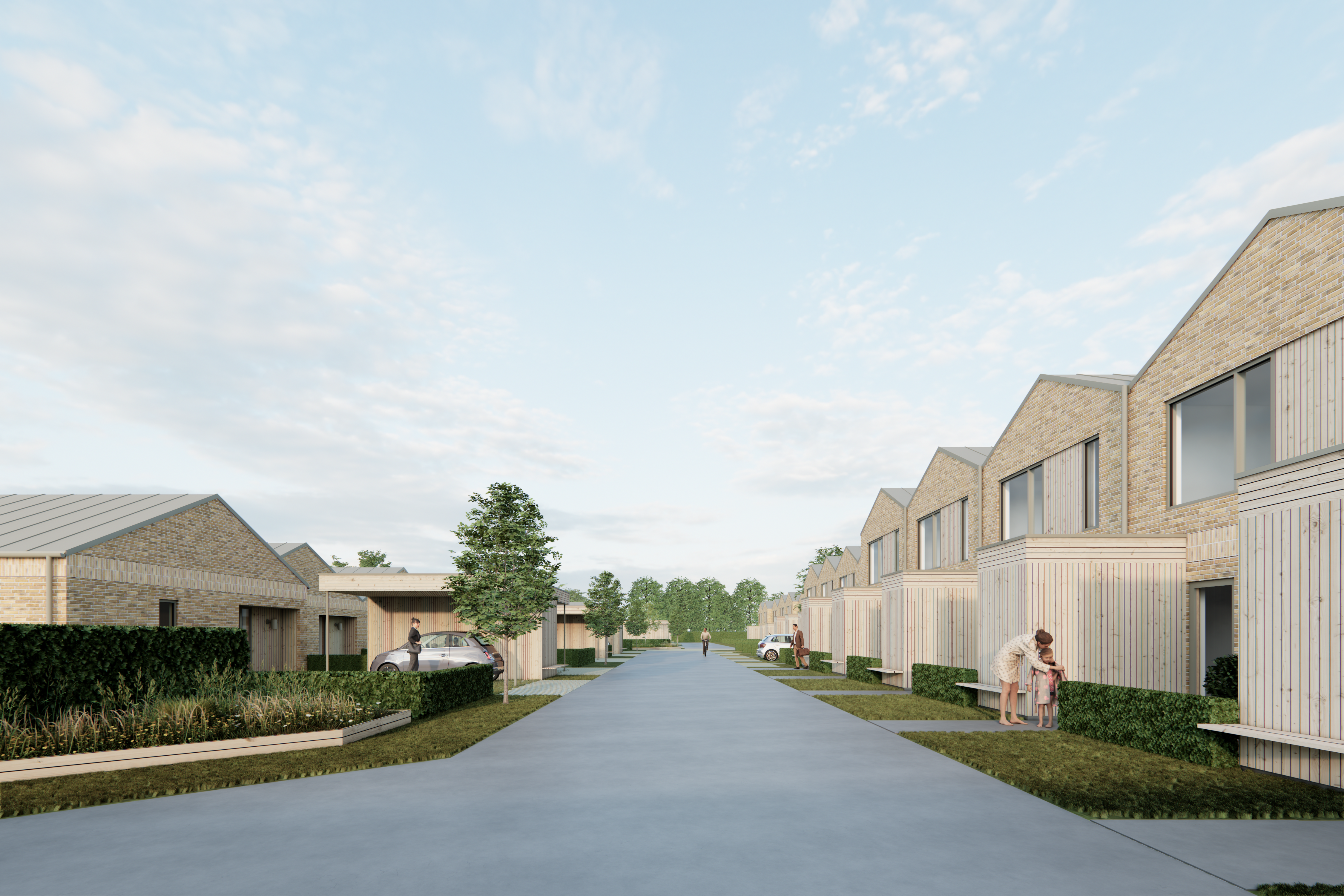 oigfji Illustrationen af den kommende boligvej af Bengtsen Arkitekter. Vejen bliver asfalteret med boliger til begge sider i lyse mursten og med træskure foran samt et lille stykke græs-